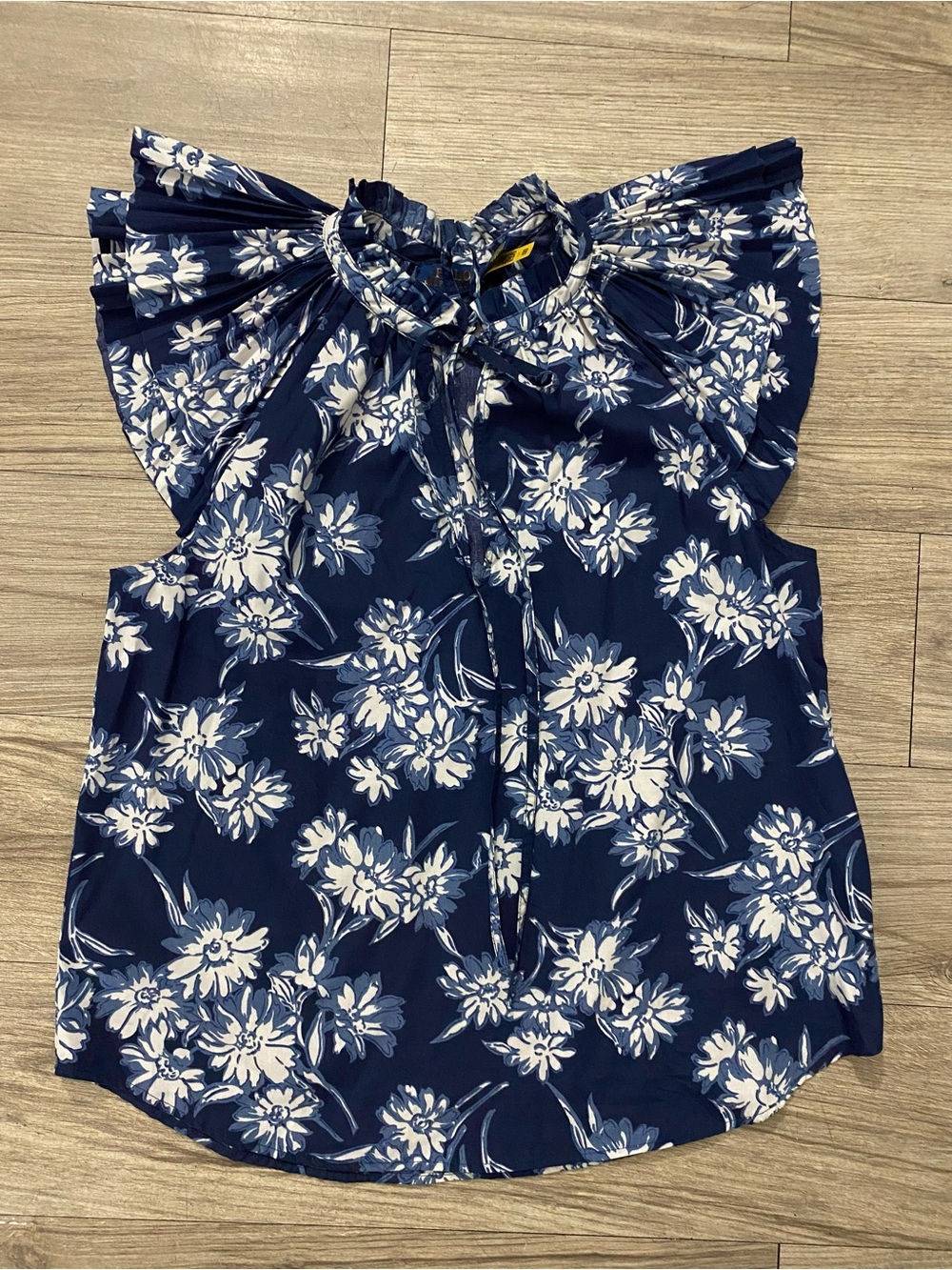 Ralph Lauren Navy and White Floral Ruffle Tie-Neck Blouse